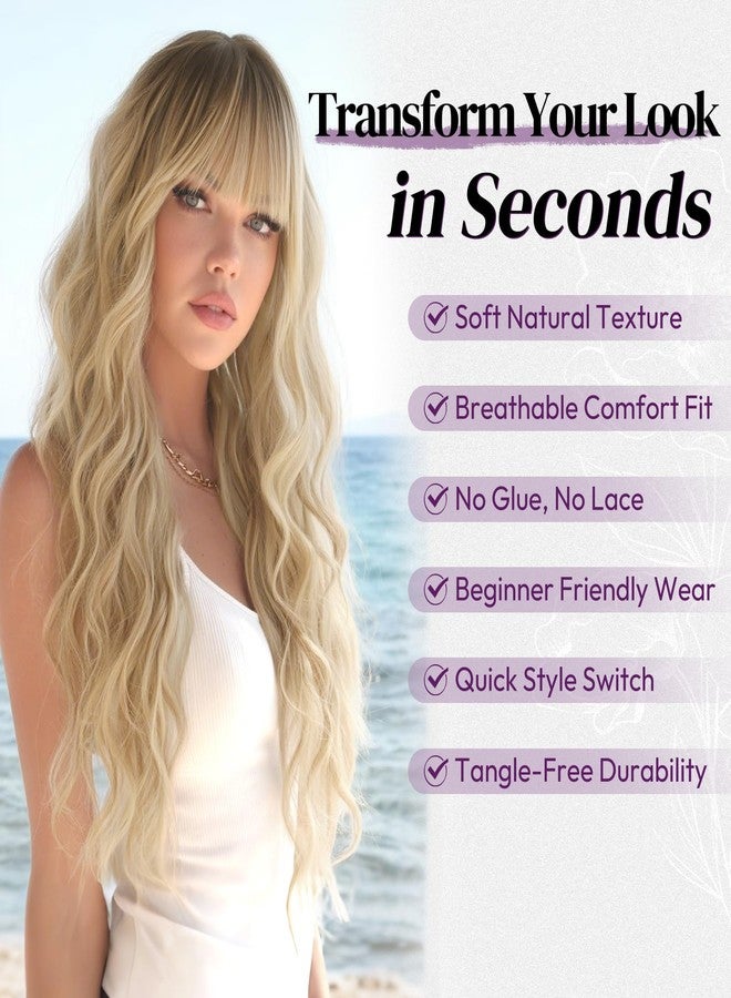 BARSDAR Long Wavy Natural Blonde Ombre Wig with Bangs - Long Wavy Blonde Ombre Wig with Dark Roots for Women - Thick Soft Synthetic Curly Wave Textured Face-Framing Bangs Natural Looking - Image 4